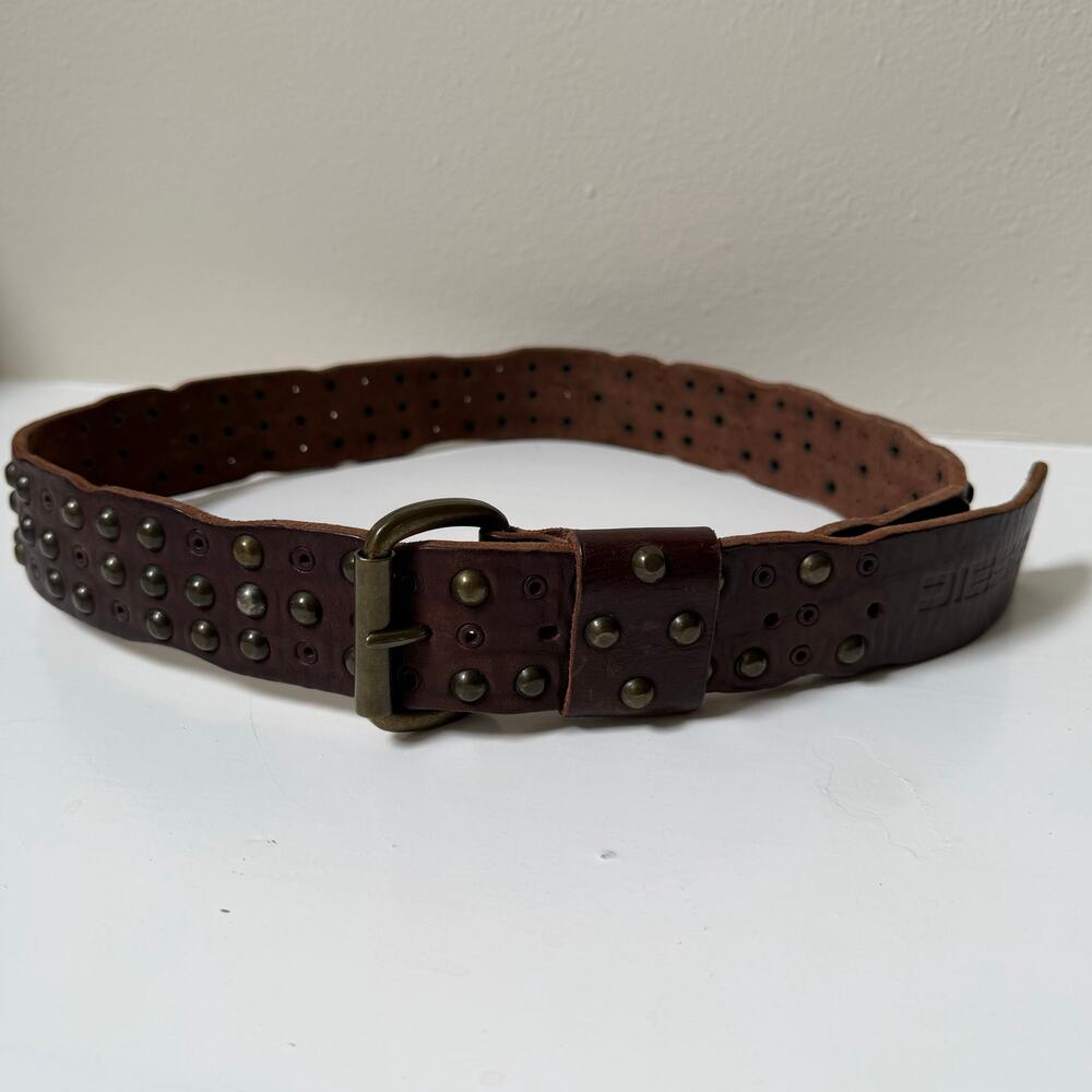 Diesel Vintage Studded Leather Belt Brown Made In Italy Size 90 CM